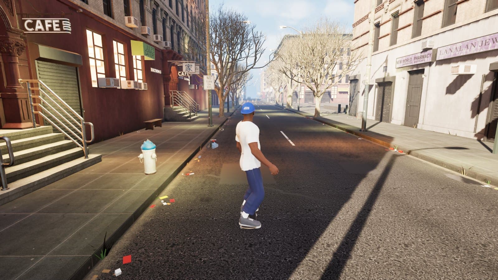 In the game: the rider on the main street at golden hour
